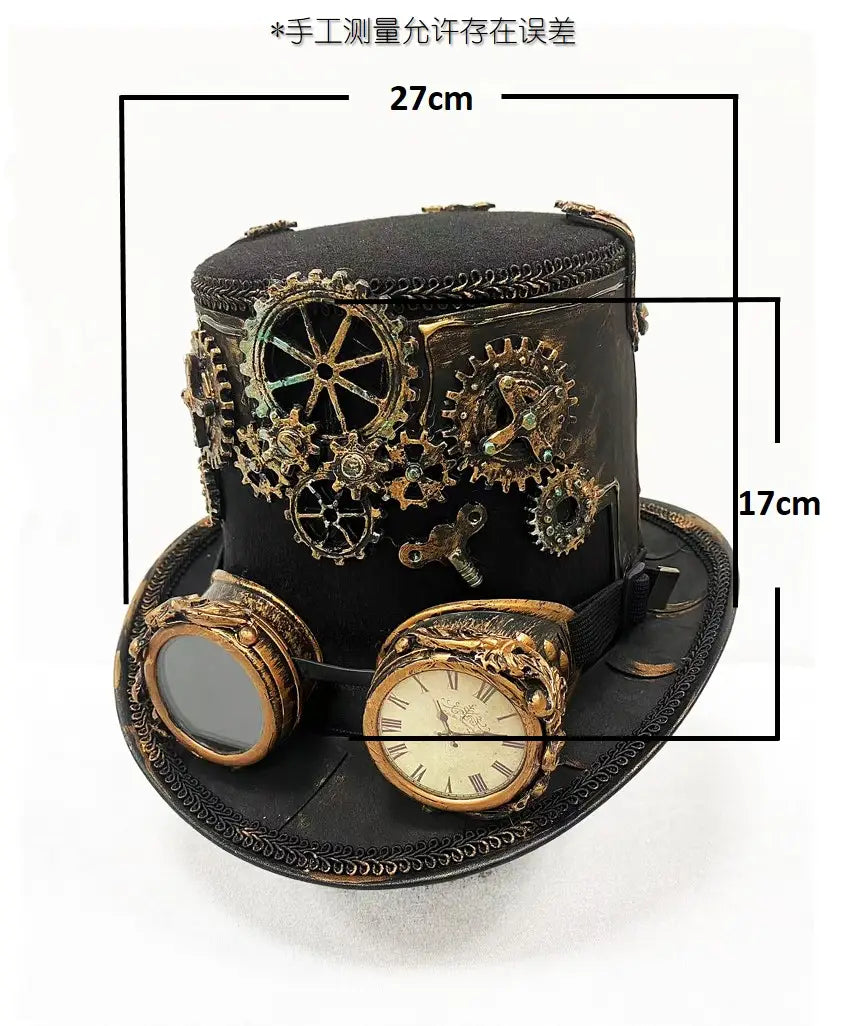 Black steampunk top hat adorned with brass gears and a clock face featuring ornate detailing and attached goggles.