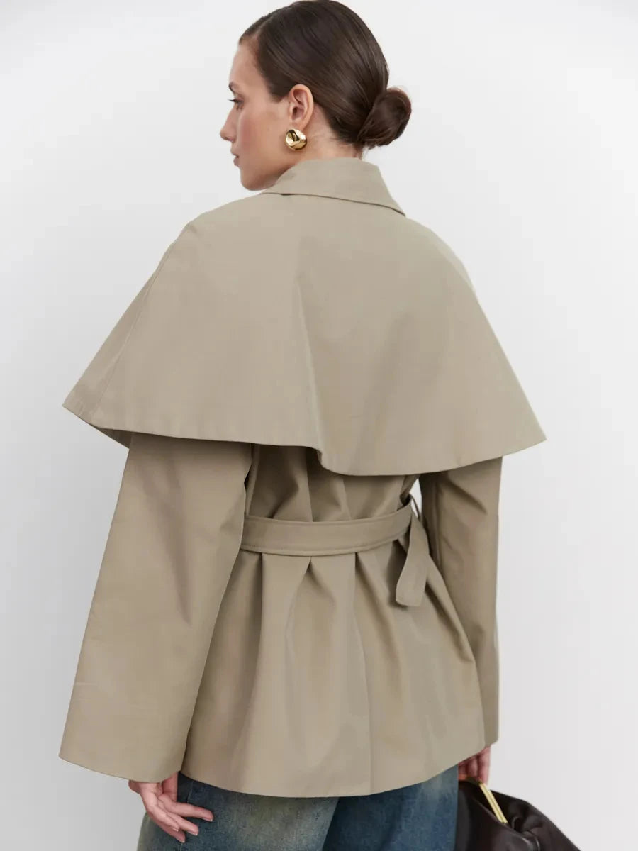 2026 Autumn Winter Women Trench Coat Cape Overlay Belted Waist Single Button Mid Length Jacket