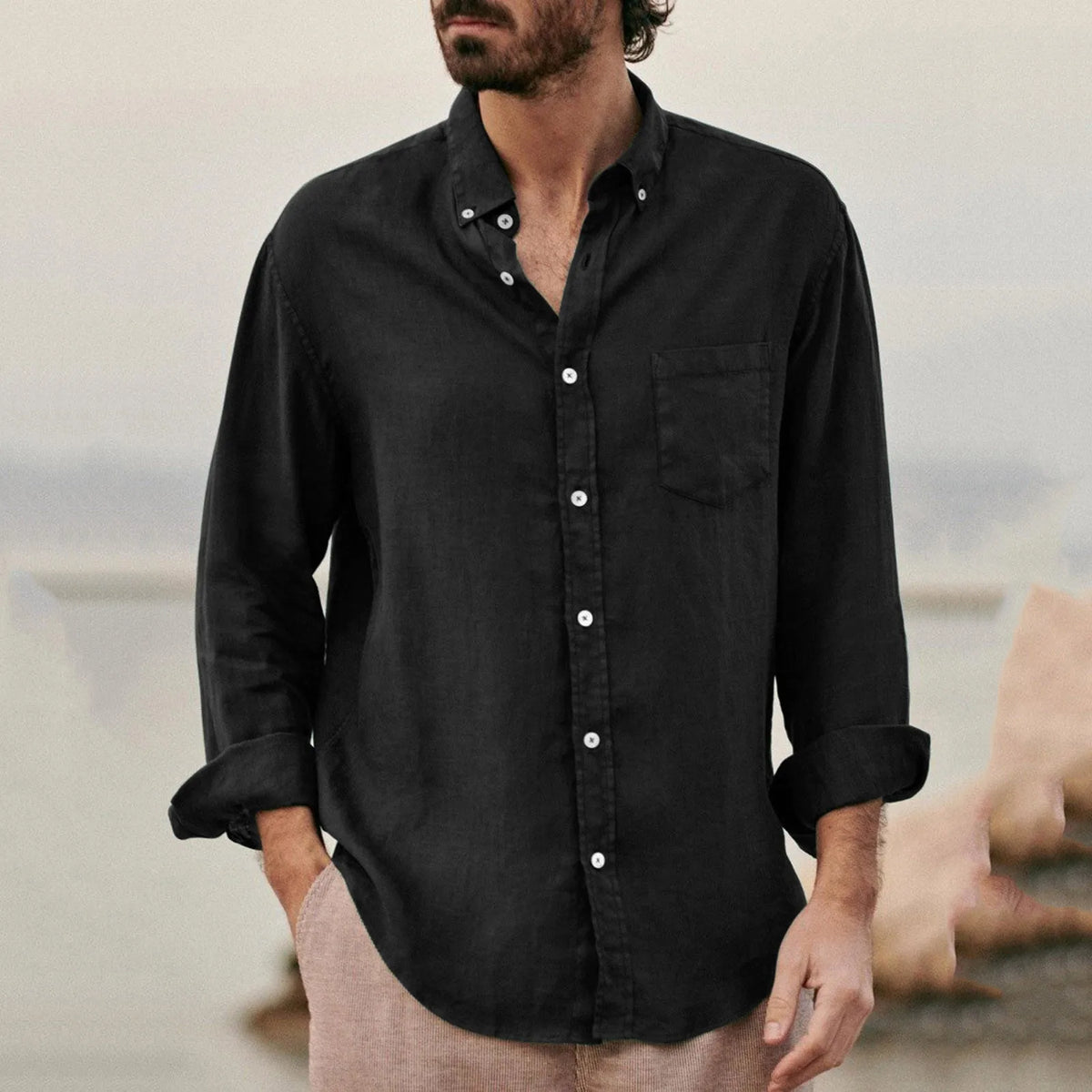 2025 New Men's Retro Tops Shirts For Man Shirt Solid Color Casual Collar Cardigan Fashion Versatile Top Street Trendy Shirt