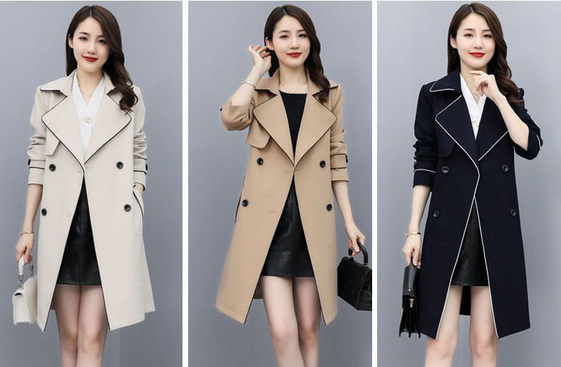 Women double breasted trench coats in beige tan and black with contrasting white trim designed for stylish outerwear.