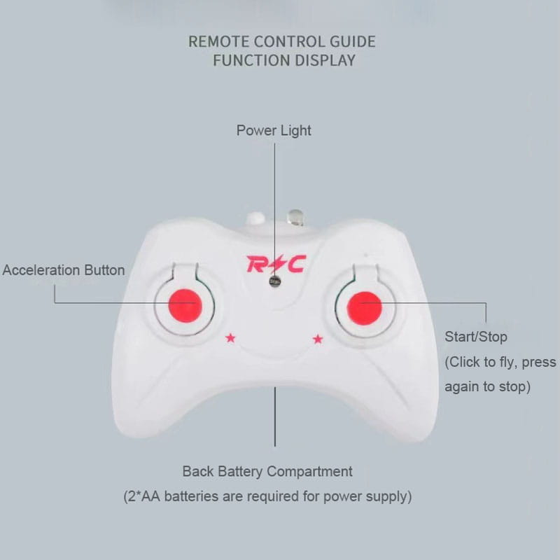 Mando a distancia blanco con botones circulares rojos y una luz central de encendido para helicóptero teledirigido con juguete interior con LED, que ofrece un tiempo de carga optimizado y un tiempo de vuelo prolongado.