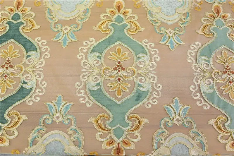 beige embroidered living room curtains for french window with intricate teal gold and cream patterns on fabric