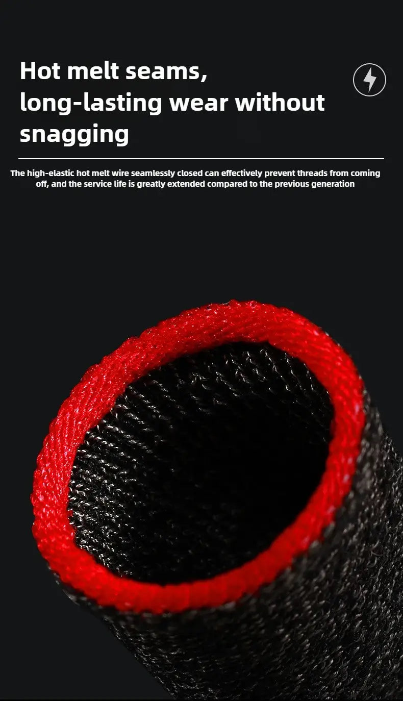 Black and red hot-melt seam gaming finger sleeves with breathable sweatproof design and textured woven fabric interior.