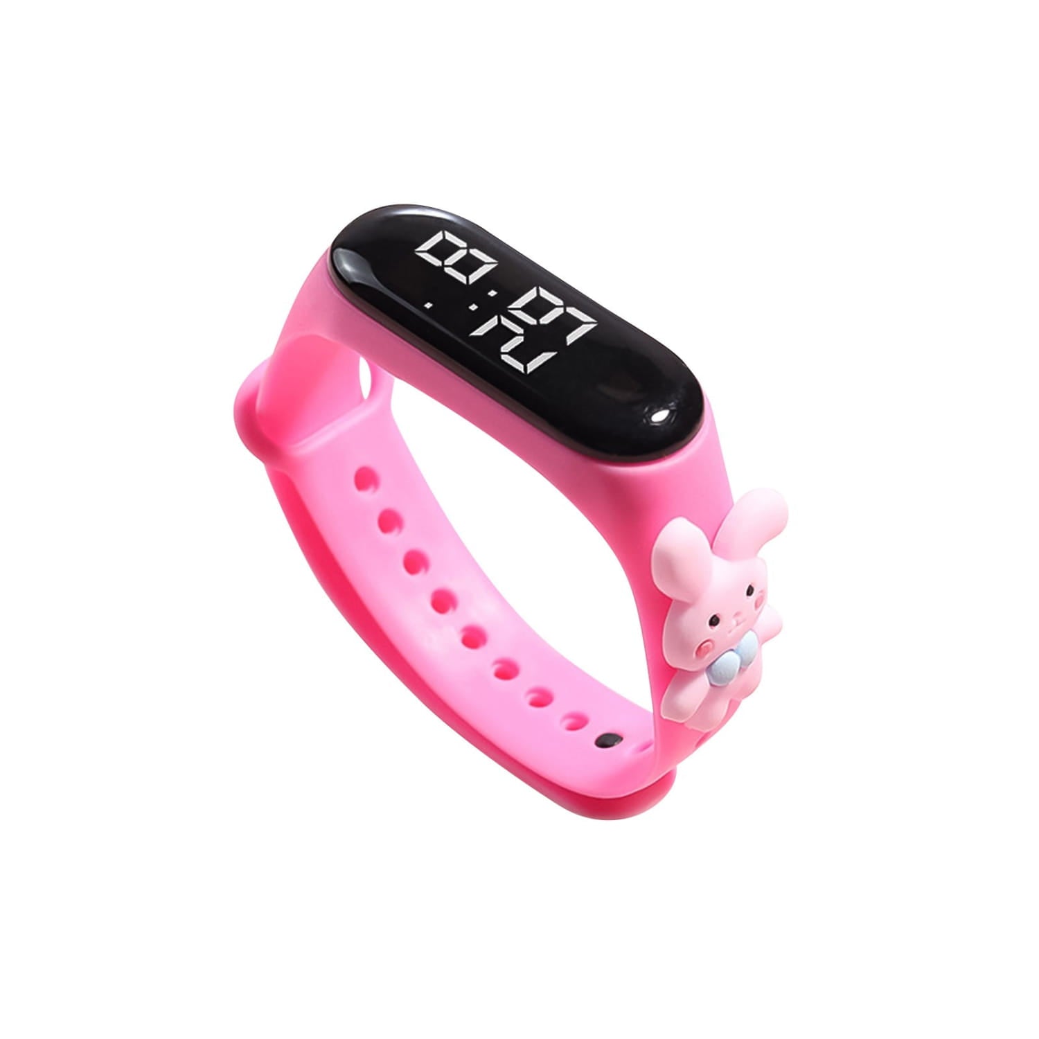 Kids silicone digital watch life waterproof in pink silicone material with a black display showing time and a cute pink bunny charm attached to the side.