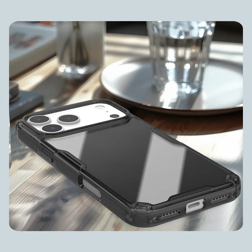 black transparent phone case with reinforced edges and camera cutout for iphone 17 series made from nature tpu pro material by nillkin nature tpu pro phone case back side view