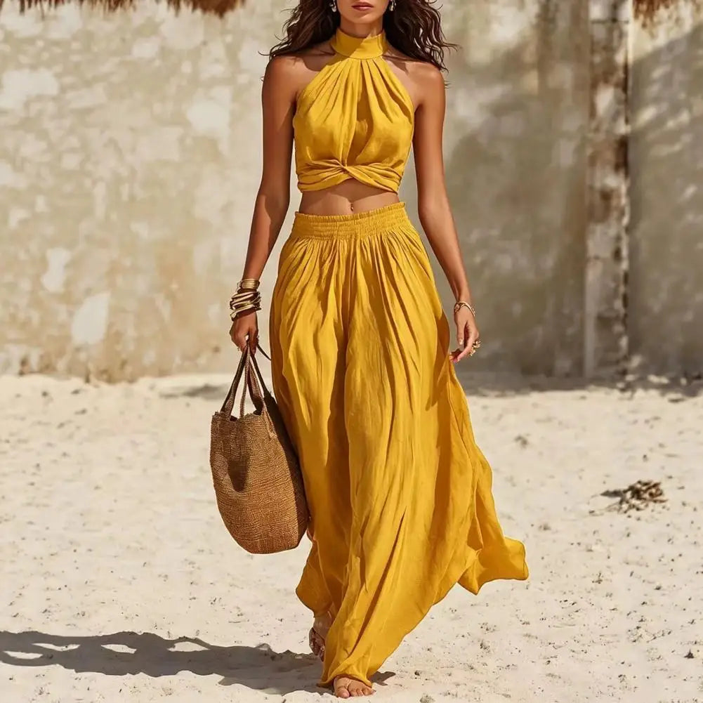 Women's 2 Piece Outfits, High Neck Halter Sleeveless Top And Wide Leg Pants Women's Summer Matching Set Summer Vacation Outfits