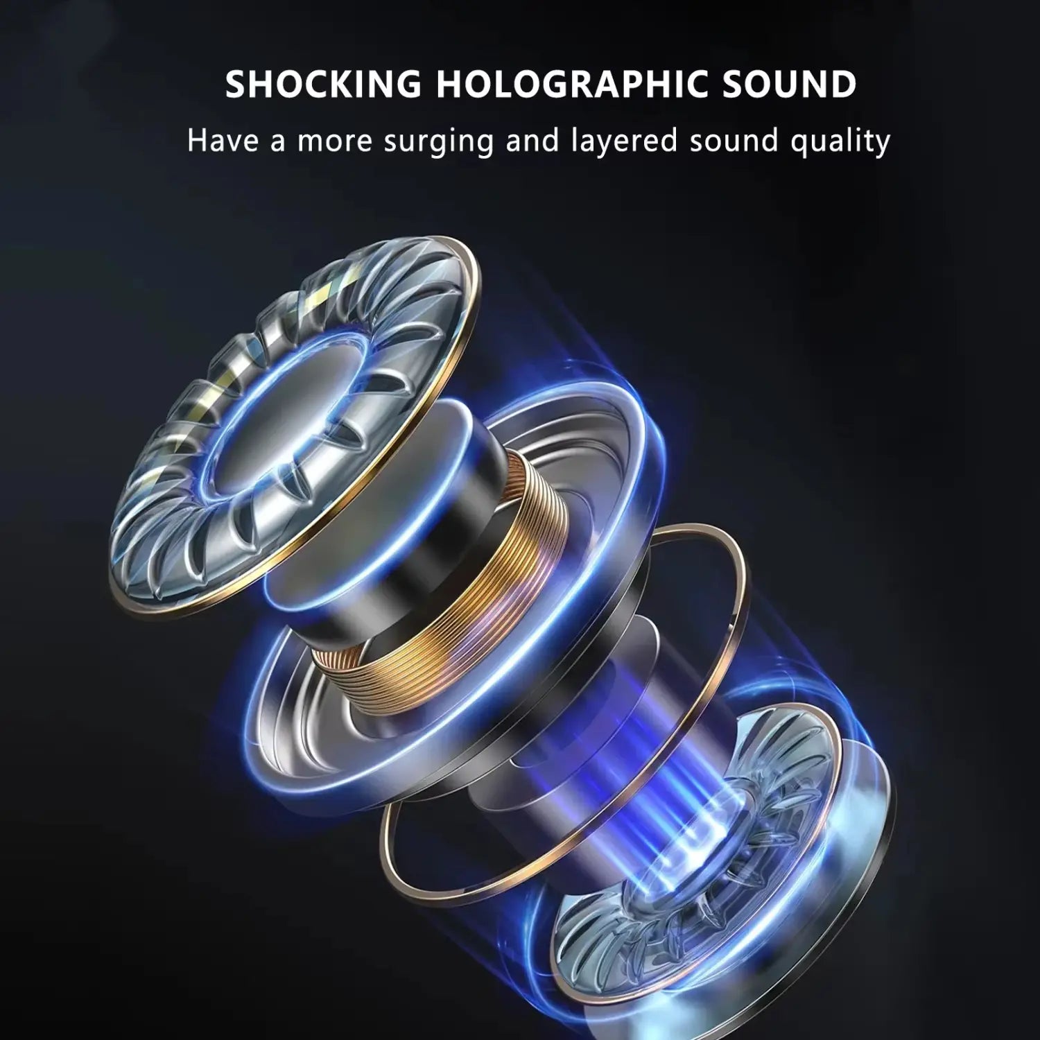 true buds5 wireless bluetooth earbuds featuring a shimmering silver and gold holographic earphone driver with layered sound design for hifi stereo quality.