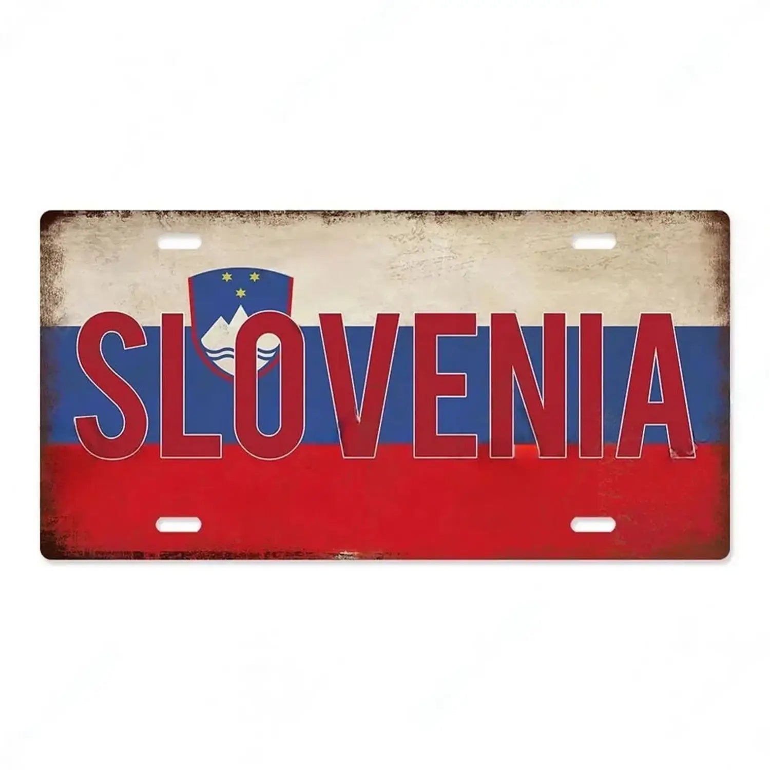 rustic-style metal license plate with bold red slovenia lettering over a faded blue and white flag design with shield emblem as vintage wall decor for india flag enthusiasts