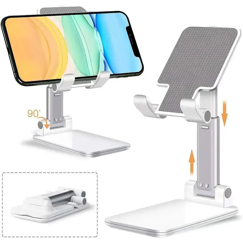 Support réglable pour téléphone de bureau et tablette en argent et blanc, doté d’une surface de préhension grise texturée pour une prise en main sûre.