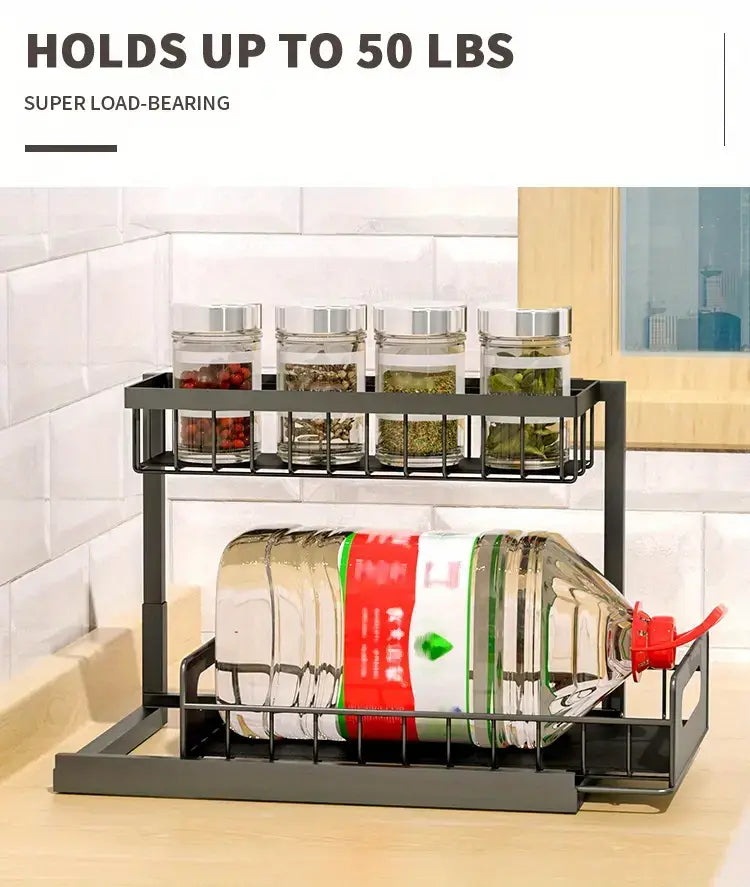 Organisateur d’évier en forme de L noir en métal à deux niveaux avec une structure robuste en forme de grille et des supports de base larges, capacité jusqu’à 50 lb pour une utilisation dans l’organisation des placards de cuisine et de salle de bains.