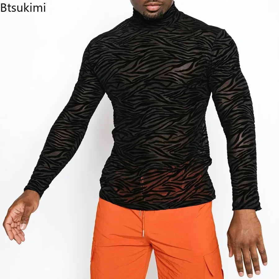 Men's T Shirt Perspective Turtleneck Long-sleeved Lace Tight Fitting T-shirt for Men Streetwear Bottoming Shirt Inside Male Tops