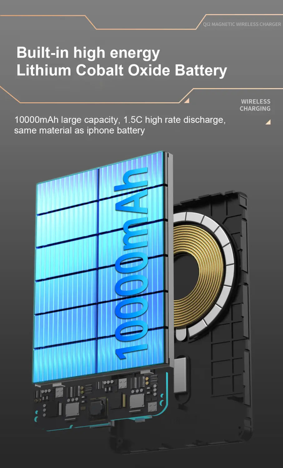 Eine elegante rechteckige Qi2-Magnet-Wireless-Powerbank mit einem 10000mAh Lithiumkobaltoxid-Akku, mit blau transluzenter Gehäuseabdeckung und einer goldfarbenen Wireless-Ladespule.