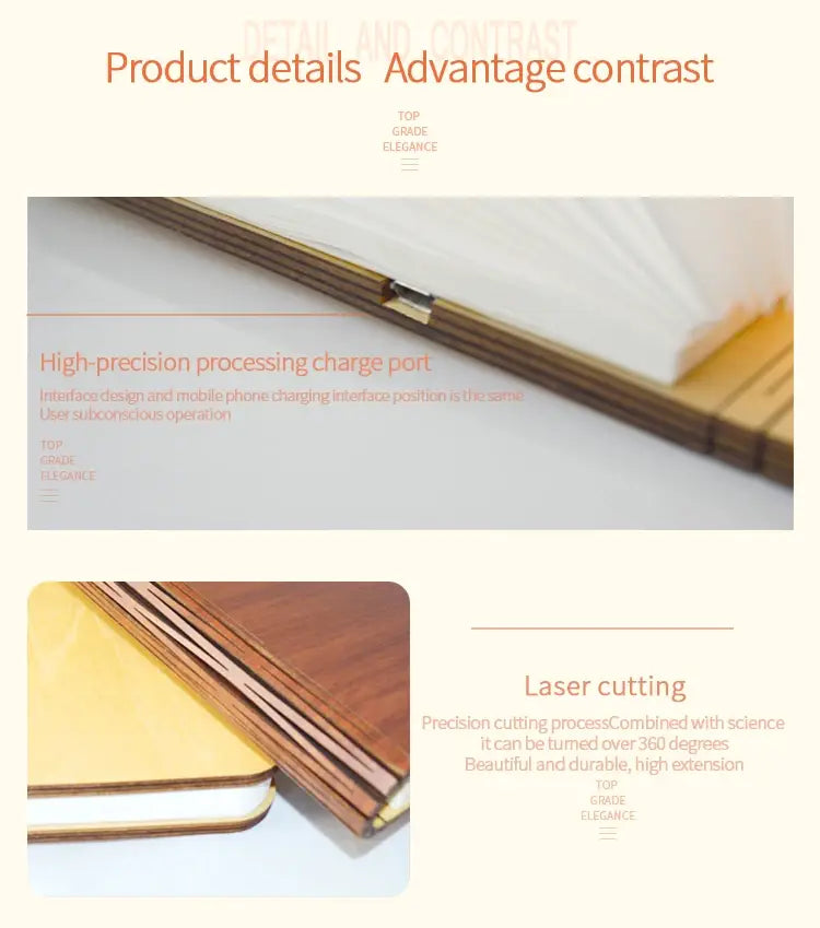 Cuaderno de madera con borde ornamentado en dorado y diseño troquelado mediante láser, combinado con una lámpara de mesa recargable con luz LED plegable con forma de libro, visible desde el ángulo frontal.