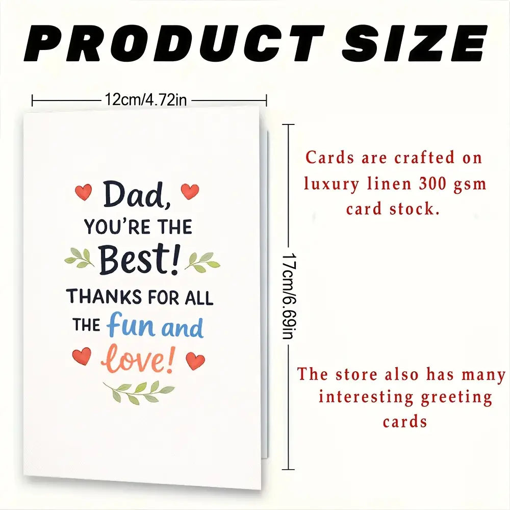 A white dad fathers day greeting card with a heartfelt message and red hearts green leafy accents, accompanied by a red envelope.