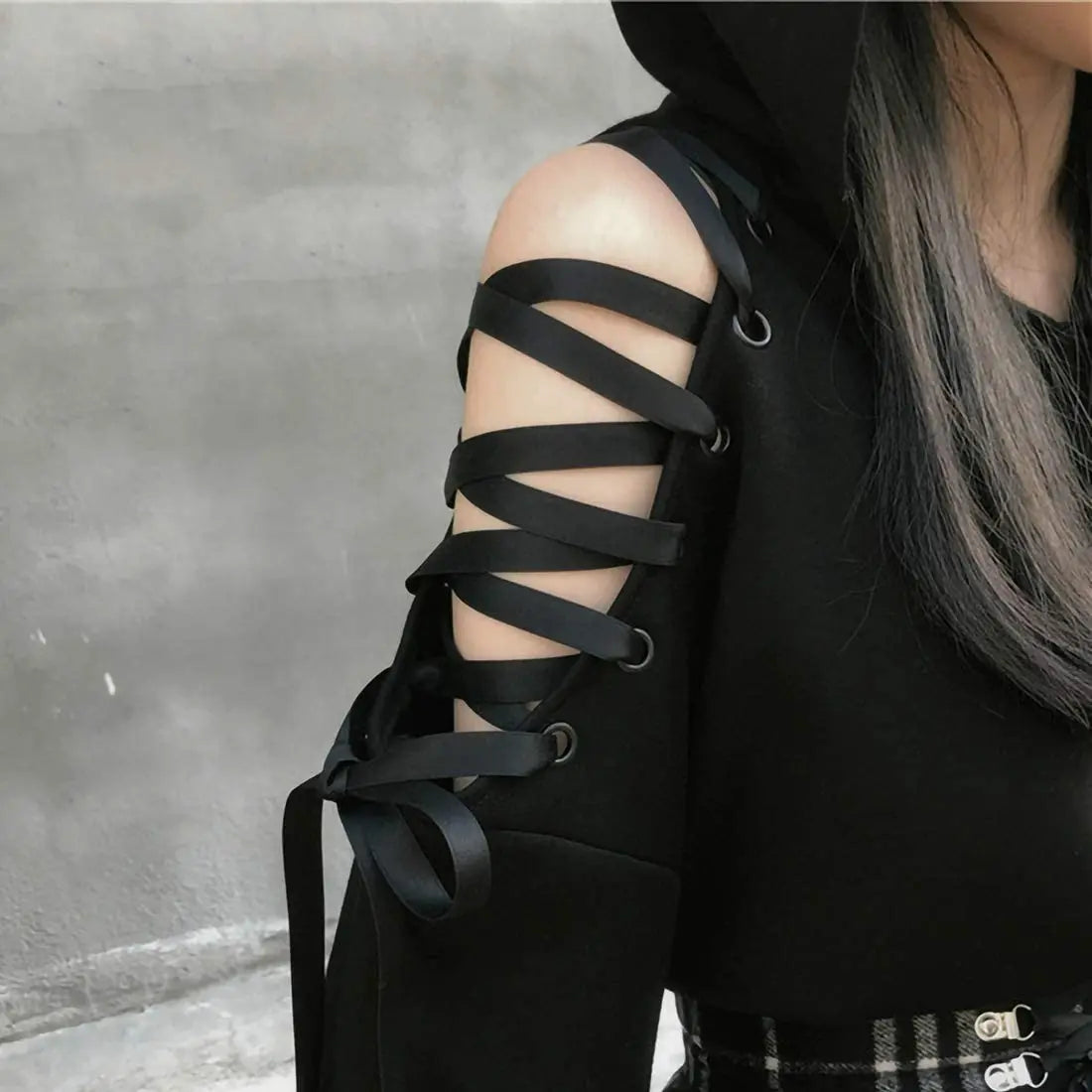 Women Long Sleeve Hoodies Kawaii Cat Ears Hoodie Gothic Punk Harajuku Cold Shouler Bandage Gothic Black Sweatshirts