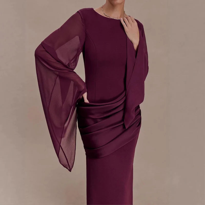 Elegant O-neck Formal Occasion Party Gown Women Causal Flared Sleeve Draped Evening Dress Fashion Waist Solid Slim Wedding Dress