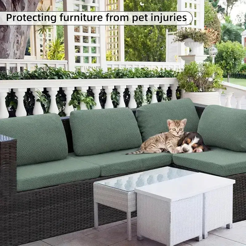 Dunkelbraunes geflochtenes Outdoor-Sofa-Modul aus Rattan/Korbgeflecht mit grünen strukturierten Kissenbezügen, konzipiert für eine Dicke von 5–20 cm und Größe 65–95 cm