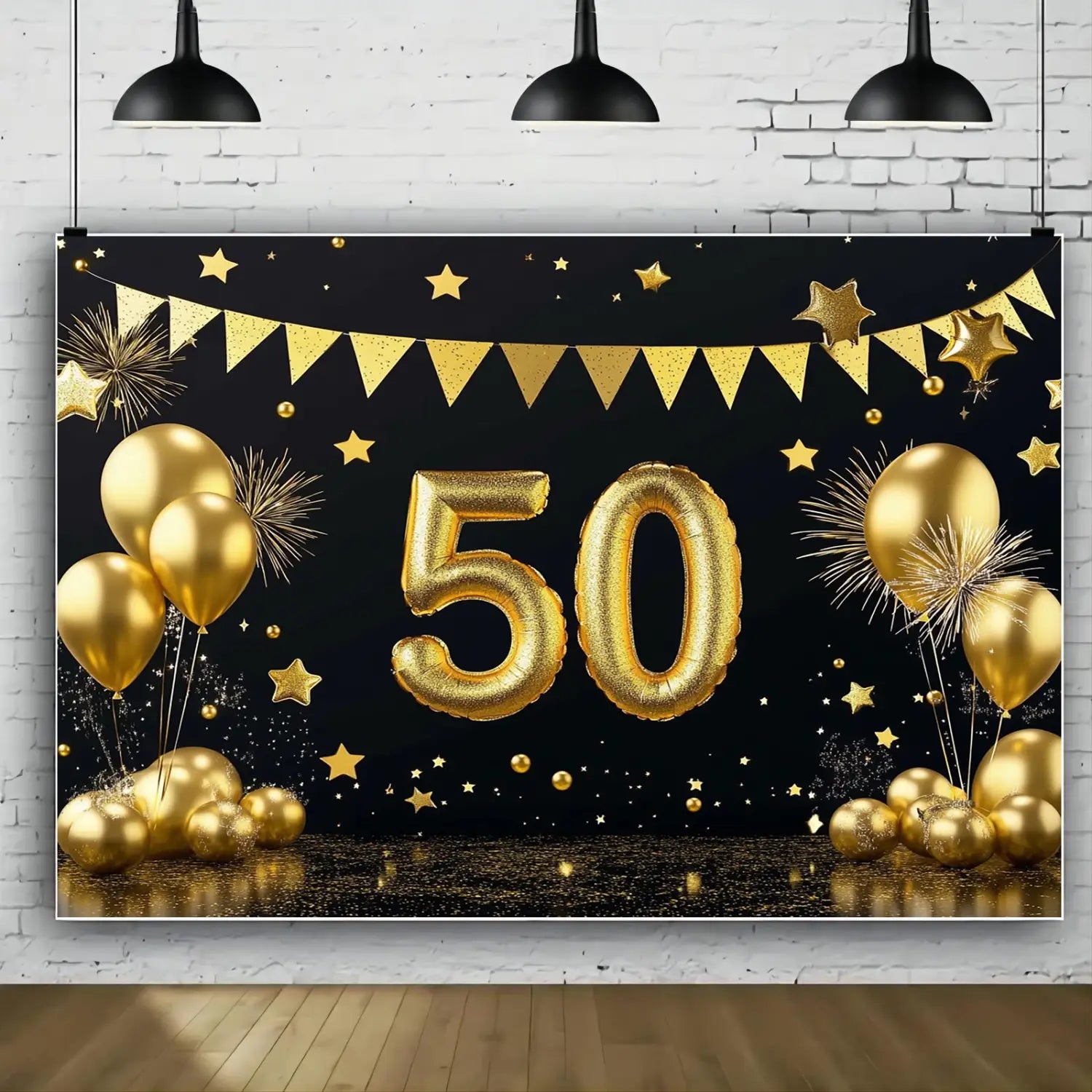 Hintergrund aus Goldfolien-Nummer-50-Ballon in einem 50-jährigen Jubiläums-Partybanner und Fotohintergrund-Set.