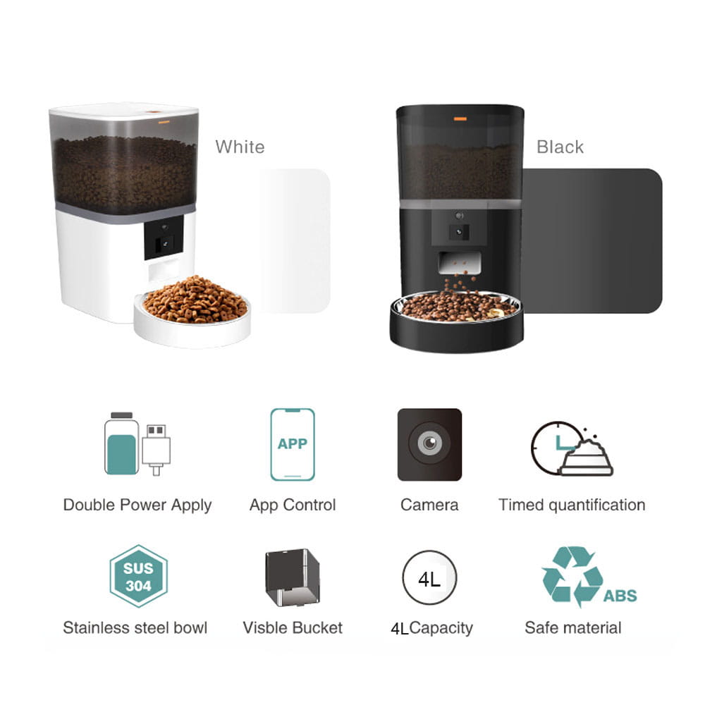 Smart dual pet feeder with HD camera and app control featuring white and black automatic feeders with stainless steel bowls, 4L capacity, and ABS plastic material for efficient meal video monitoring and product description.