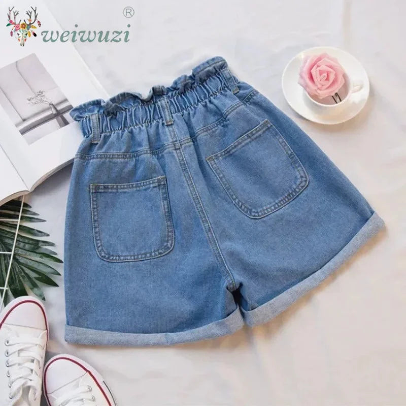 Women Casual High Waist Denim Shorts Elastic Waist Comfortable Wide Leg Rolled Hem Jean Shorts Girls Summer Vacation Streetwear