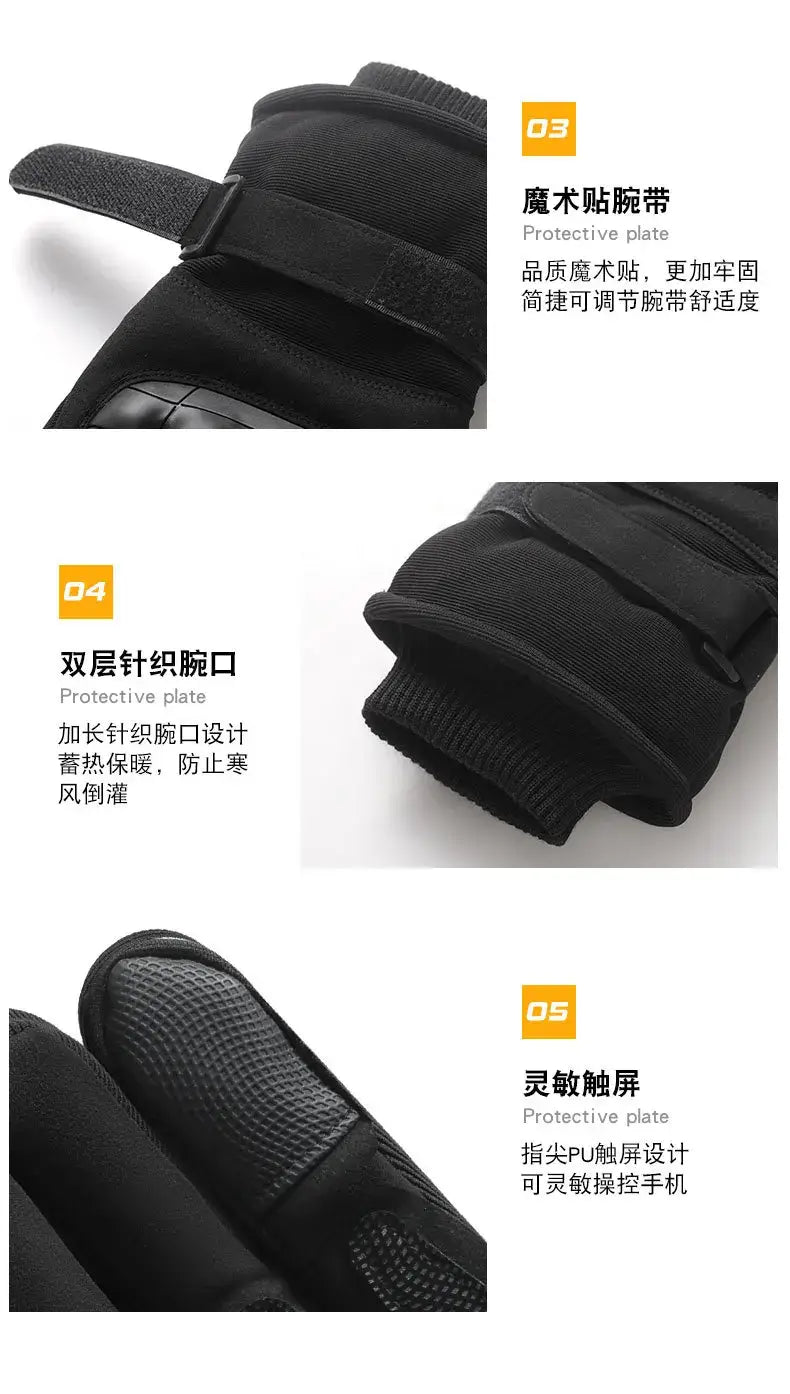 Black winter motorcycle gloves with reinforced protective plates, double-layer knitted cuff for warmth and wind resistance, and pu-coated fingertips designed for touchscreen sensitivity shown from the back side.