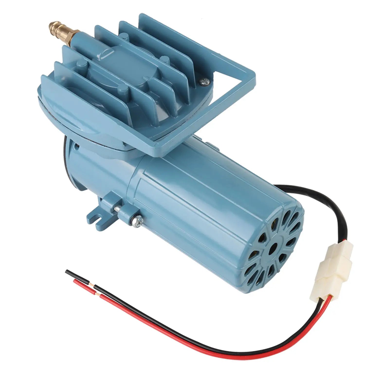 blue electric 12v 35w air pump with brass fitting and red black wiring for fish pond and aquarium use