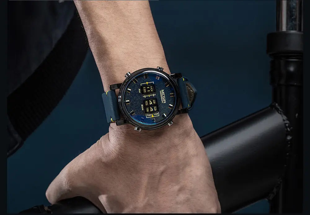 A sleek black megan watch with a blue starry dial and yellow digital display paired with a brown leather strap designed for military quartz precision.