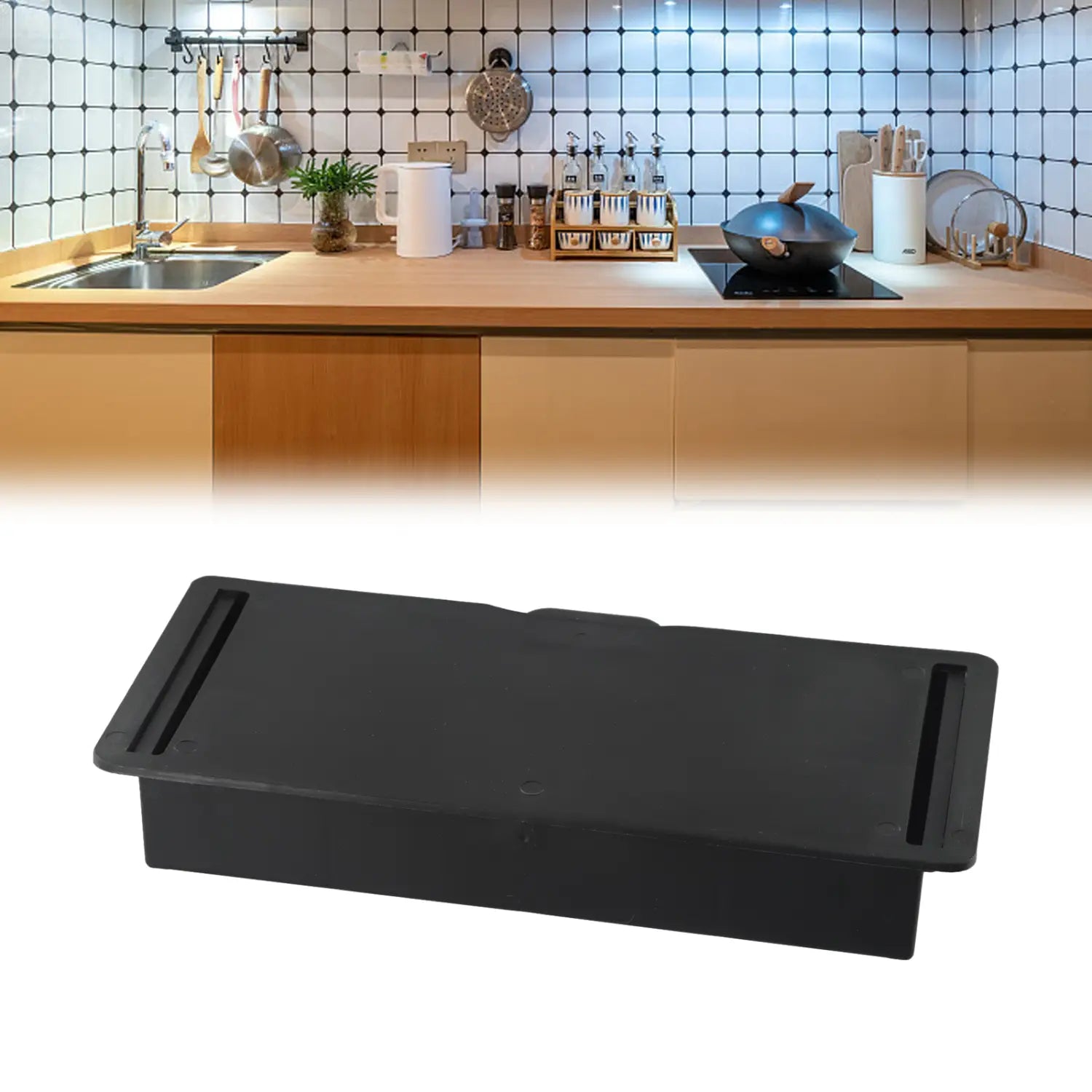Boîte de rangement rectangulaire en plastique noir pour organisateur de tiroir sous bureau, avec deux fentes verticales sur le couvercle
