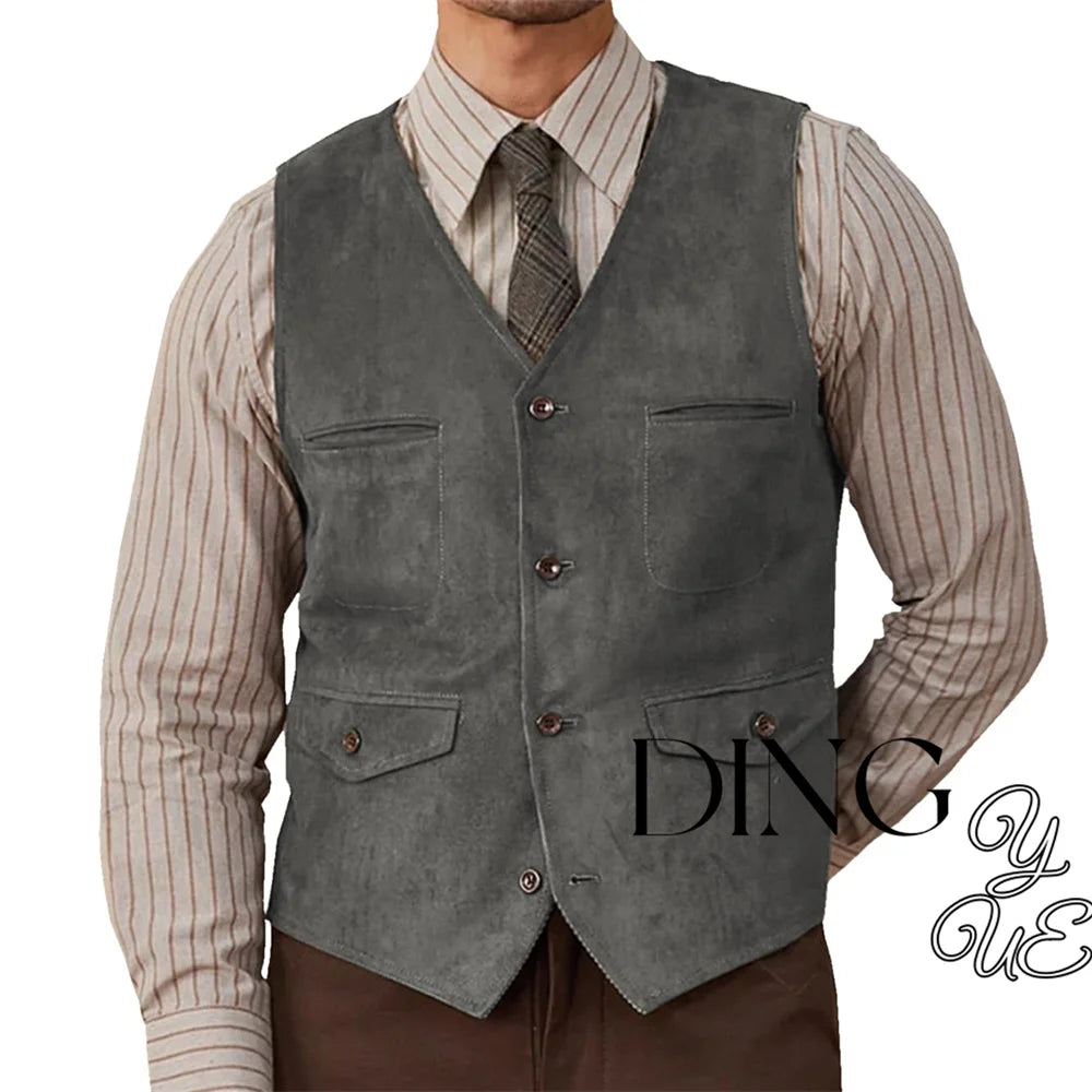 Olive green suede western vest featuring a gray suede front with two chest pockets and four front buttons.