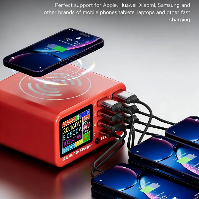 Multi Port 100W USB Charger Hub Digital Display Voltage Current Monitor PD QC Fast Charger Smart for Phones Laptops