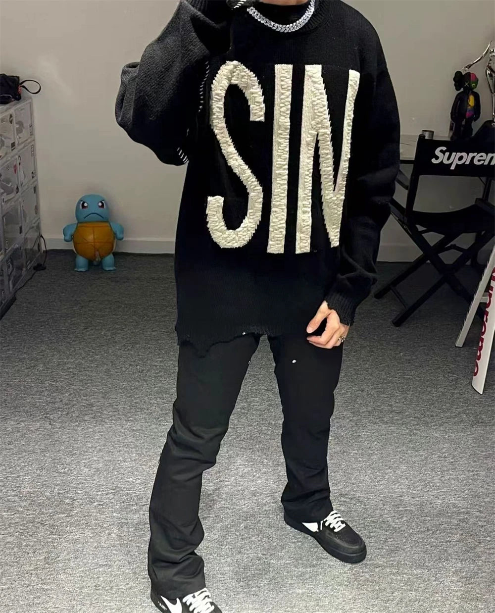 2025fw SIN Saint Sweater Men Women Black Heavy Fabric Unisex Crewneck Knit Sweatshirts