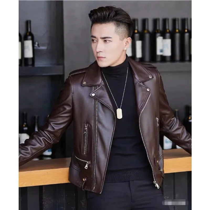 Printed Leather Jacket for Men in Spring Autumn with Lapel Zipper Trend Fashion Loose Casual Pu Leather Jacket