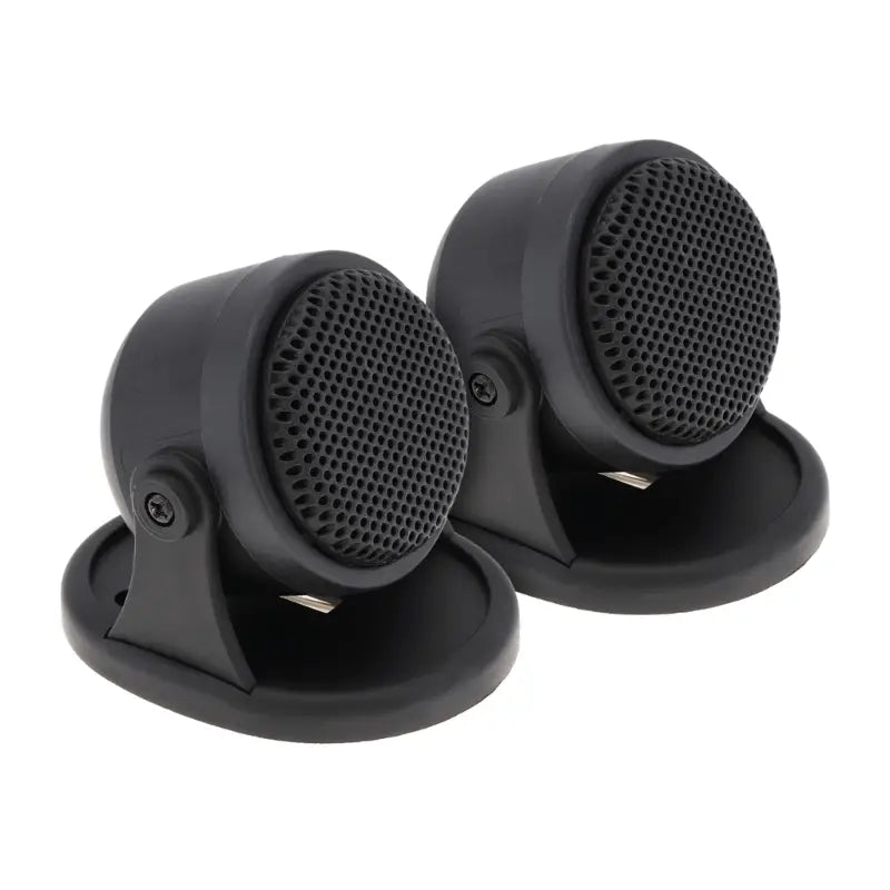 Black matte-finished car tweeter speakers with perforated grilles and mounting bases designed for high frequency hifi audio 20w performance.