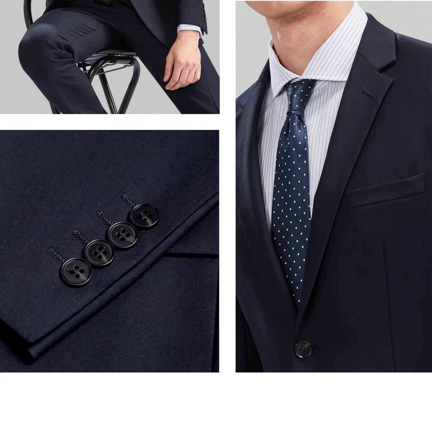Veste de costume en laine bleu marine pour homme en coupe slim, formelle et professionnelle décontractée, avec un type de fermeture par bouton noir, et une cravate marine assortie à pois blancs.