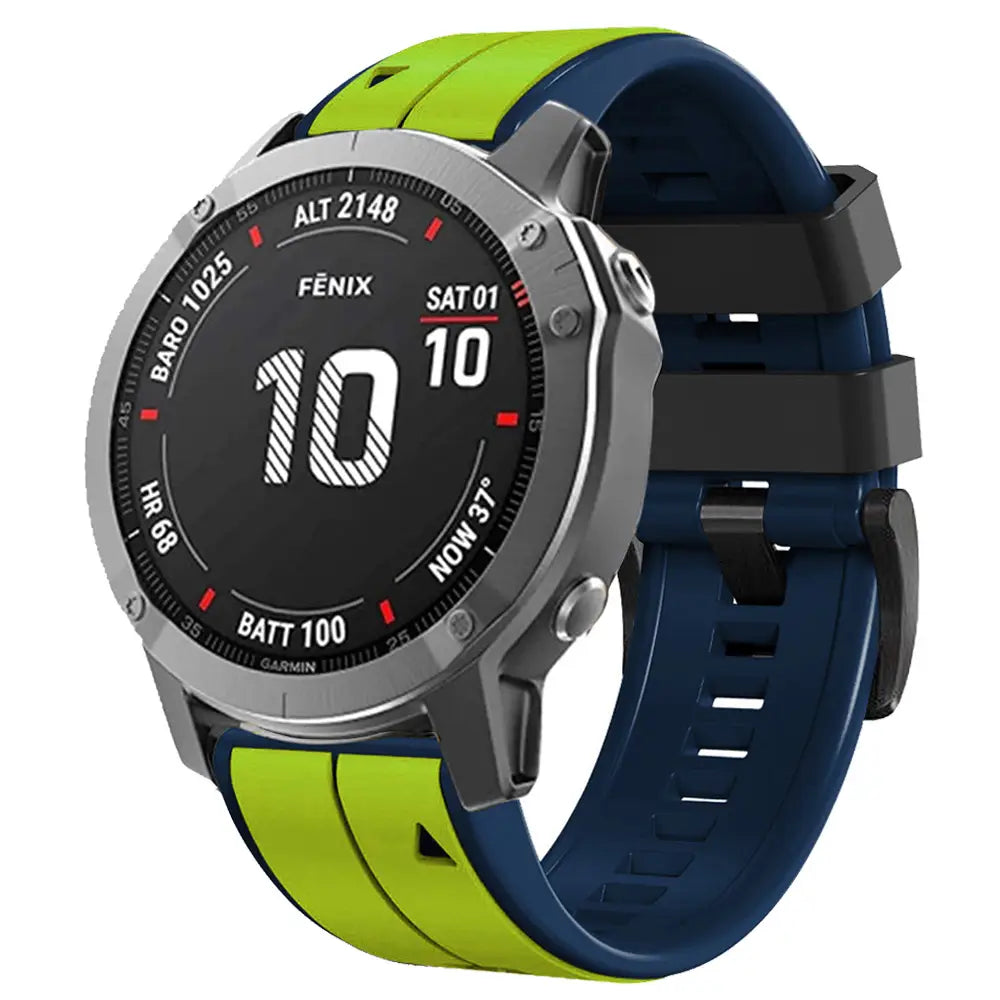 Garmin Fenix Smartwatch mit silbernem Gehäuse und einem leuchtend blauen sowie limettengrünen Silikonarmband, entwickelt für die Modelle Garmin Fenix und Garmin Forerunner.