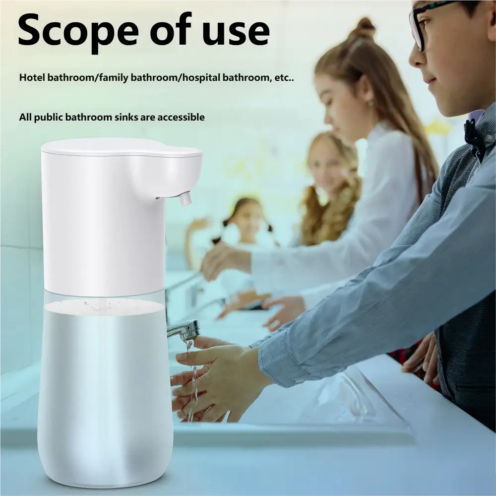 White sleek cylindrical automatic soap dispenser with transparent lower section revealing liquid for 350ml hand soap foam bubble generation.