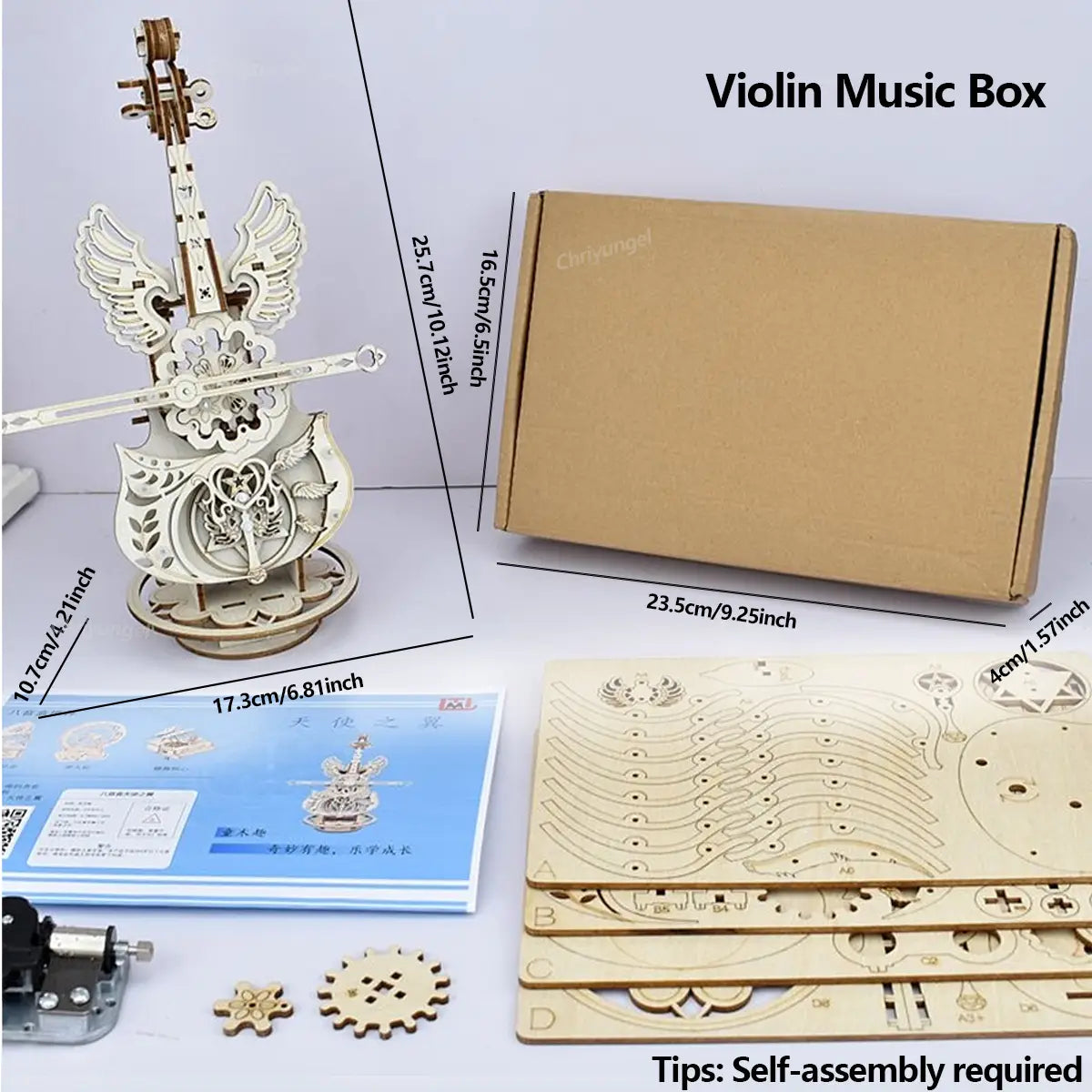 eine zart gefertigte weiße Holz-Violin-Musikbox mit aufwendigen flügelartigen Verzierungen und einem Herzmotiv, zusammengebaut aus lasergeschnittenen Puzzleteilen, im Klavier-Musikbox-3D-Holz-Puzzle-Bastelset