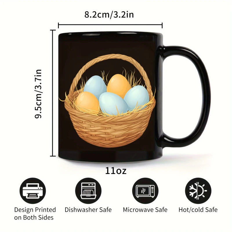 Easter coffee mug, black basket with colorful egg design, suitable for spring and holiday mornings