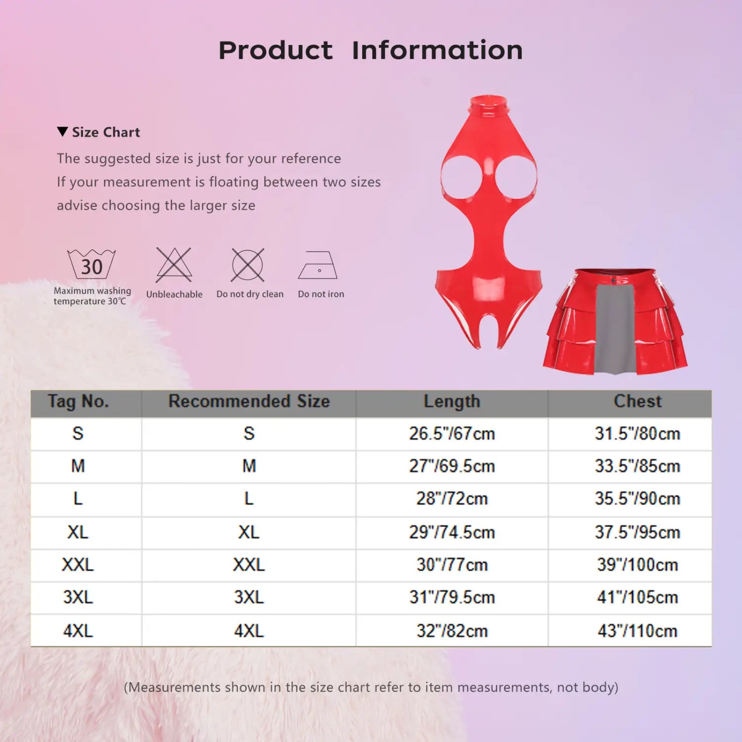 Red plastic bodysuit with distinctive cutout design and layered skirt portion in a pink wet look PU leather bodysuit and ruffled skirt set.