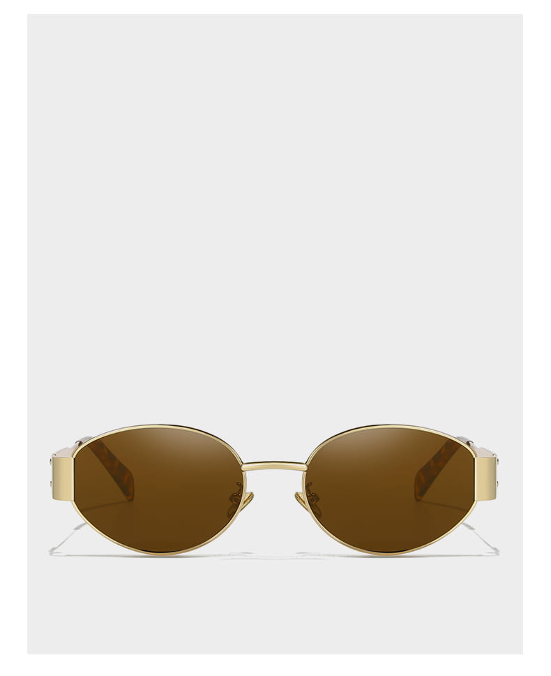 Gafas de sol ovaladas para mujer y hombre con montura ovalada en tono dorado y lentes espejadas marrones, en un diseño minimalista y elegante.