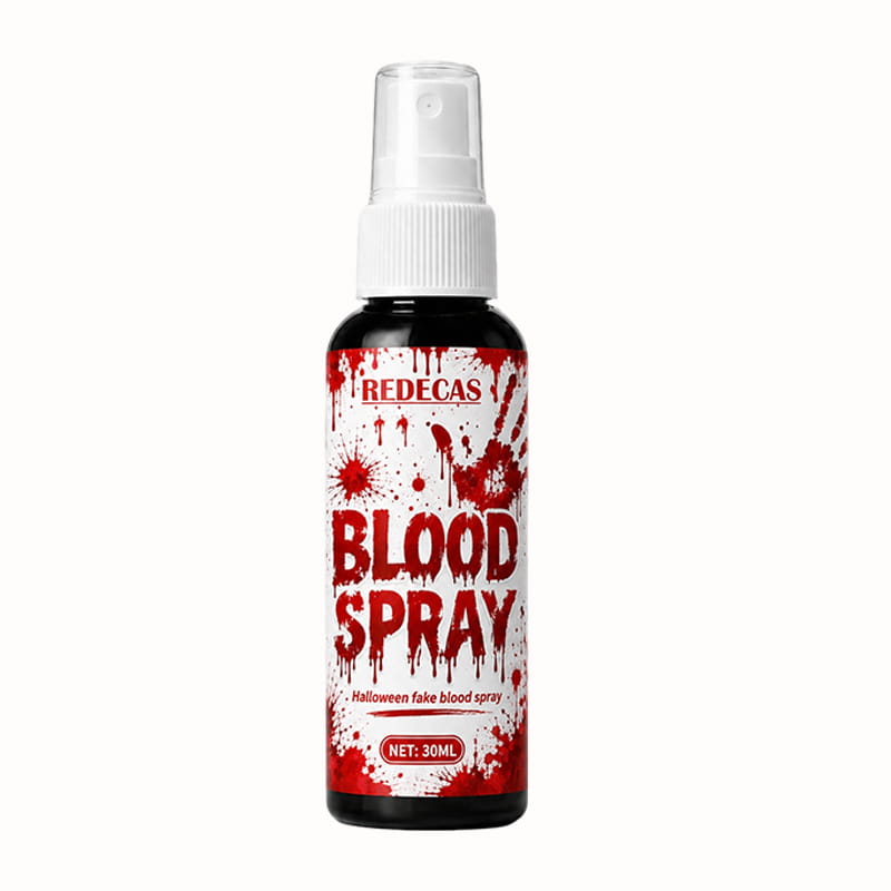 Redecas spray de sangre falsa para Halloween de 30 ml en un frasco de vidrio oscuro con boquilla de bomba blanca y etiqueta con salpicaduras rojas, diseñado para uso lavable.