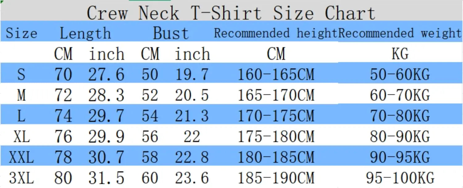 Schlichtes Grafik-Baumwoll-T-Shirt mit Rundhalsausschnitt: Größentabelle mit Maßangaben in Zentimetern und Zoll für die Größen S bis 3XL.