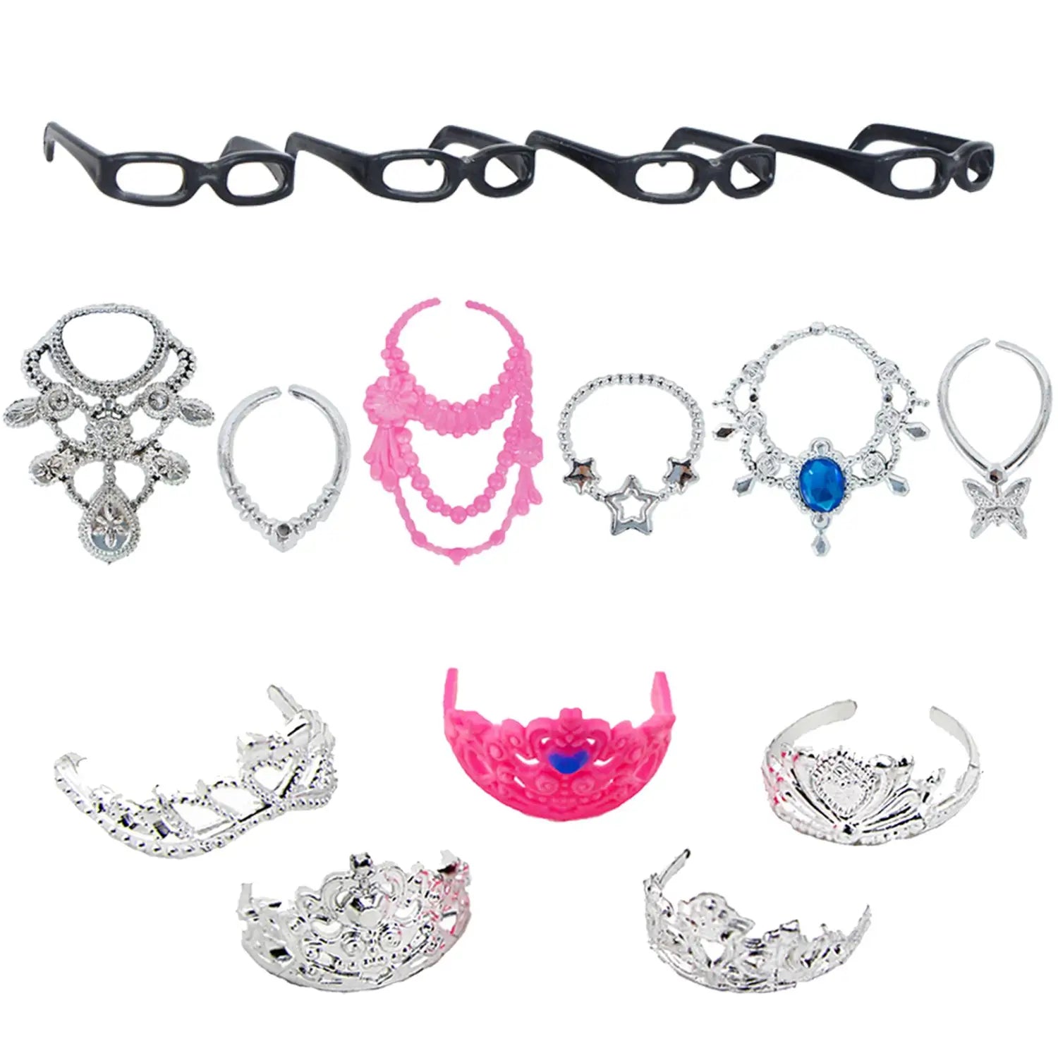 Set of colorful plastic doll accessories including black glasses, silver and pink necklaces, star rings, blue gem tiaras, and decorative crowns from the doll accessories set 50 piece fashion outfit collection.