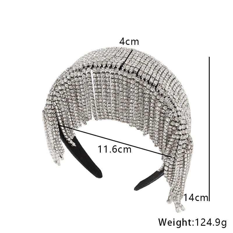 Bandeau en perles et strass orné d’une frange scintillante en strass argenté, avec un élégant bandeau ajustable noir, pour une coiffure de mariée raffinée.