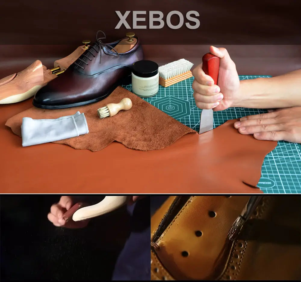 Un escarpin brogue wingtip en cuir marron foncé de qualité supérieure, à la finition soignée et au design à lacets classique, présenté sur une surface en bois aux côtés d’outils de fabrication de chaussures.
