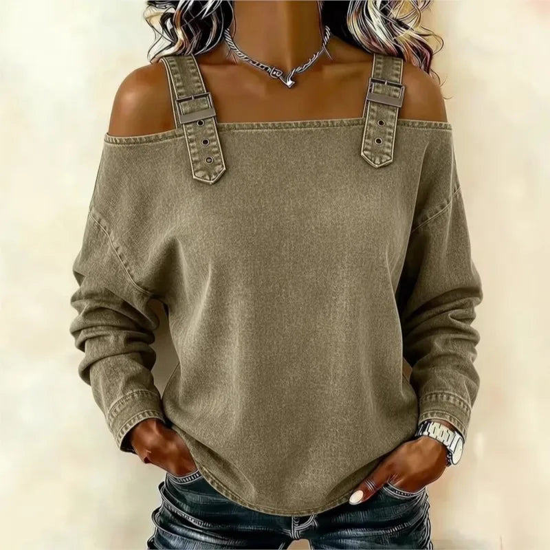 Women's Blouses Spring Summer Fall New Style Casual One-line Tie Shoulder Strap Long-sleeve Top Fashion Shirt For Women Clothing