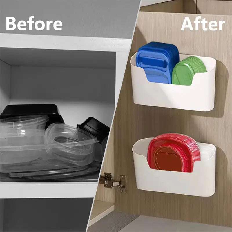 grille de rangement murale blanche en plastique à fixation adhésive, avec caractéristique d’organisateur d’évier, contenant des contenants alimentaires colorés pour caractéristique d’organisateur d’évier