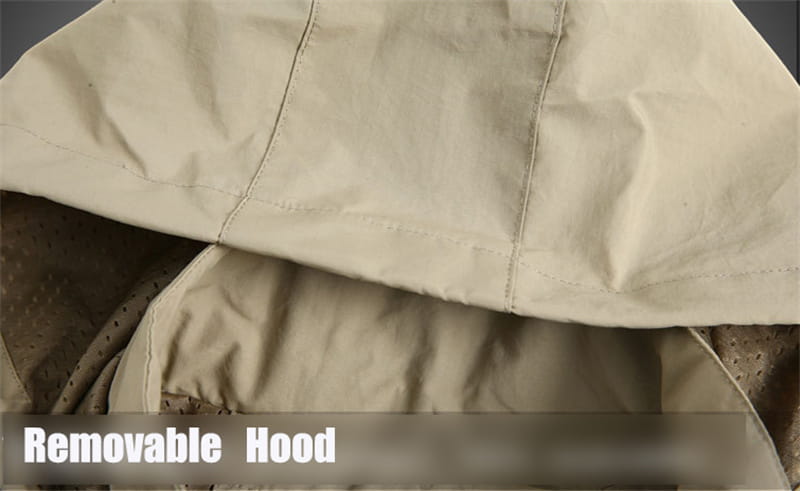capucha desmontable beige de tela resistente con costuras visibles y forro interior perforado para chaquetas cortavientos impermeables para hombre Naturehike verde oliva