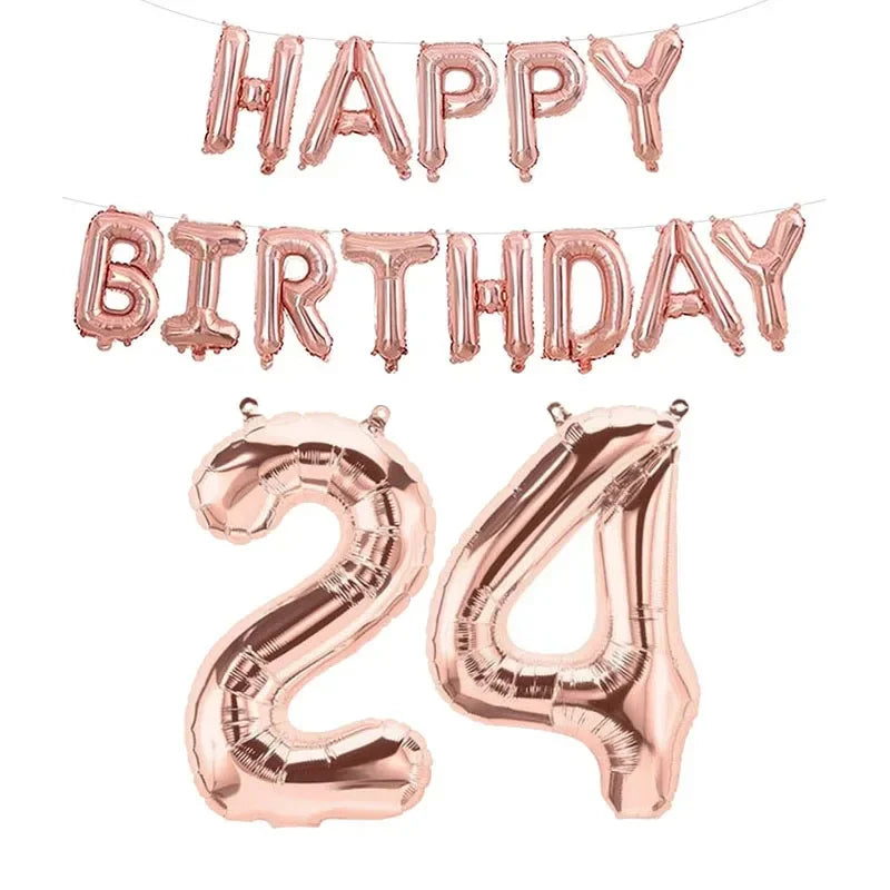 15pcs Rose Gold Happy Birthday Number Foil Balloon Kids Adult Party Simple Decorations Boy Girl 10 18 25 30 40 50 60 70 Year Old