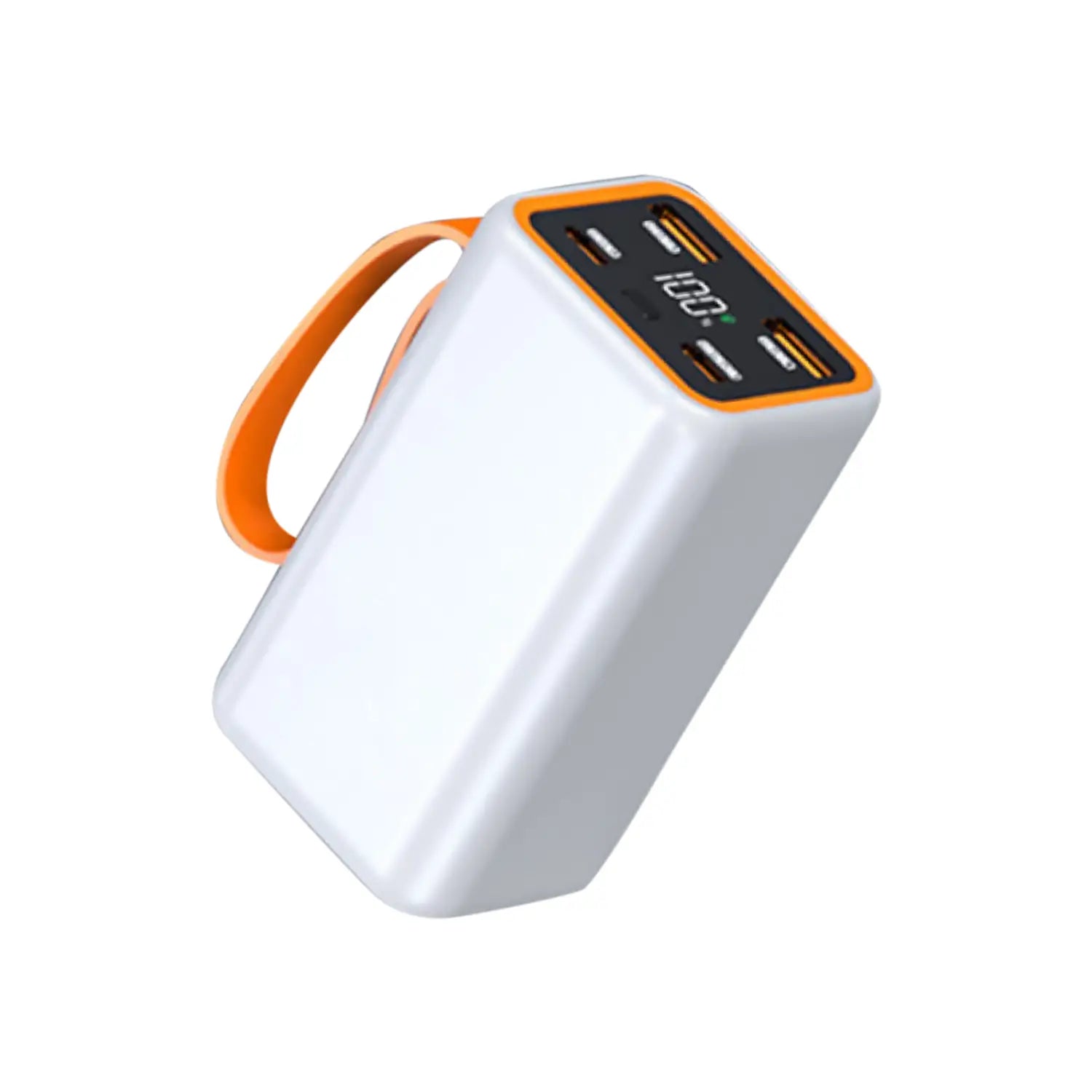 white portable power bank case with orange accents and carrying loop featuring multiple usb ports and lcd display showing 100 percent for 4x 21700 batteries